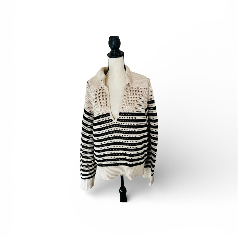 J Crew Crocheted Cream/Black Stripe Open Neck Pullover XL